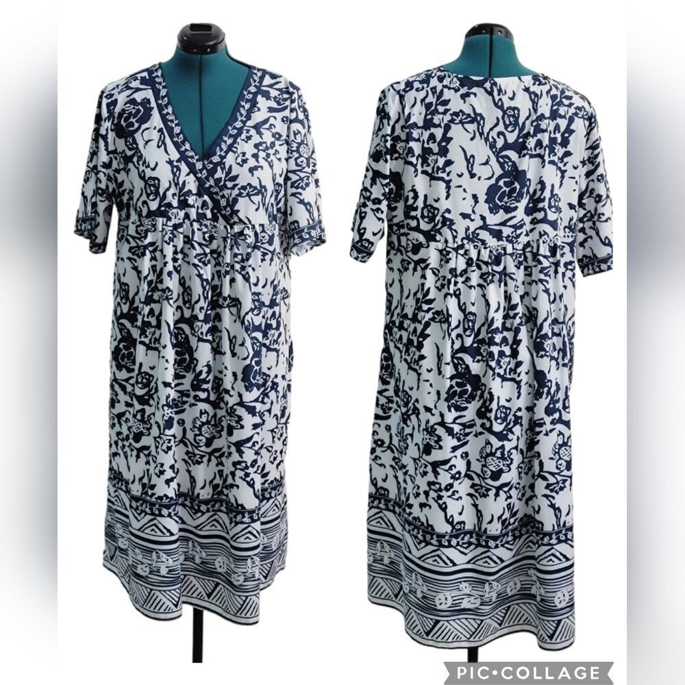 NWOT Short Sleeve Floral V Neck Midi Dress Elastic Waistband W Pockets Size XXL